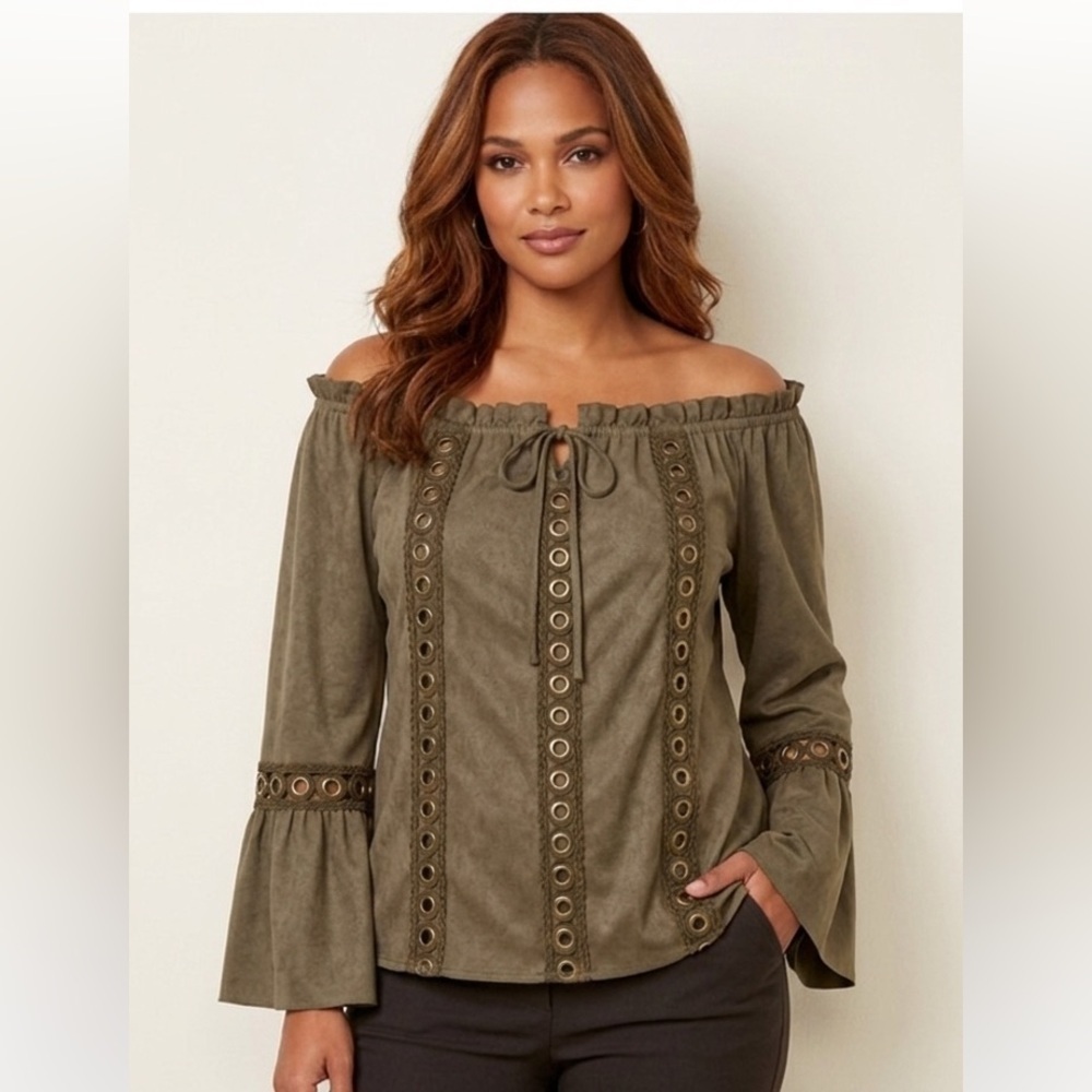 Boston Proper Faux Suede Off Shoulder Grommet Top Medium
